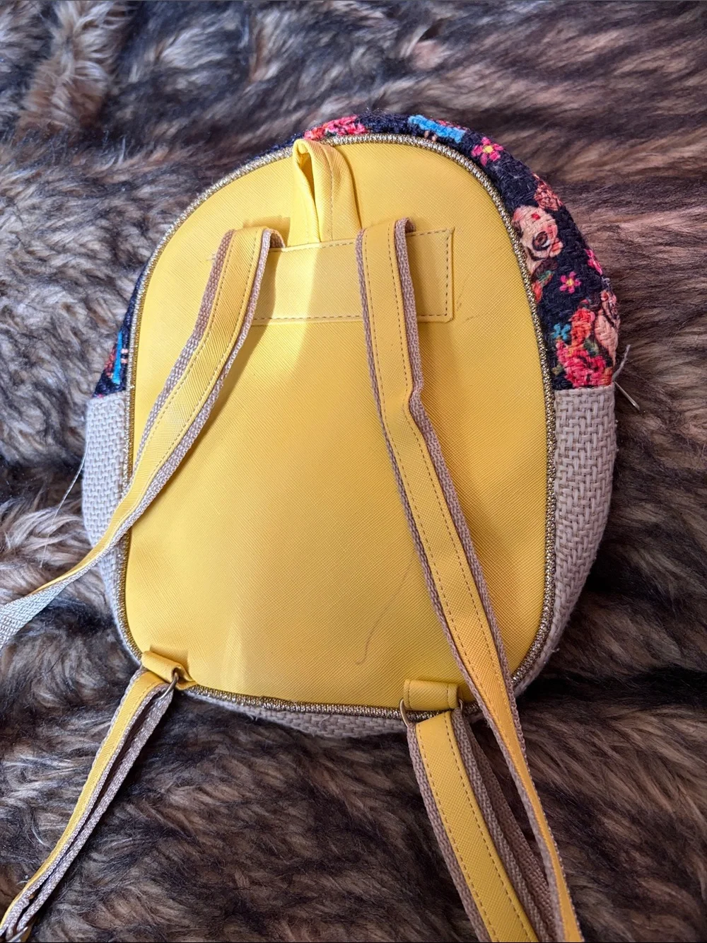 Mexican Artist Frida Kahlo Mini Backpack Animated Female Floral Yellow Woven